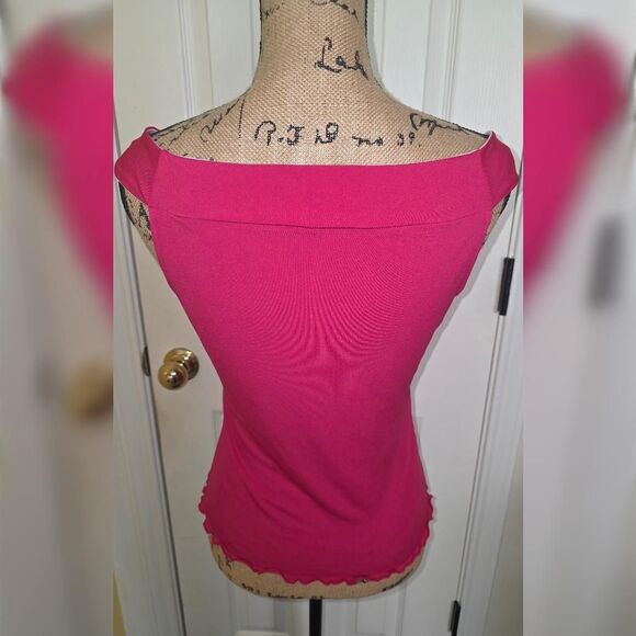 Y2K Hot Pink Off Shoulder Top I.N. San Francisco Lettuce Hem Bow L - Picture 3 of 4